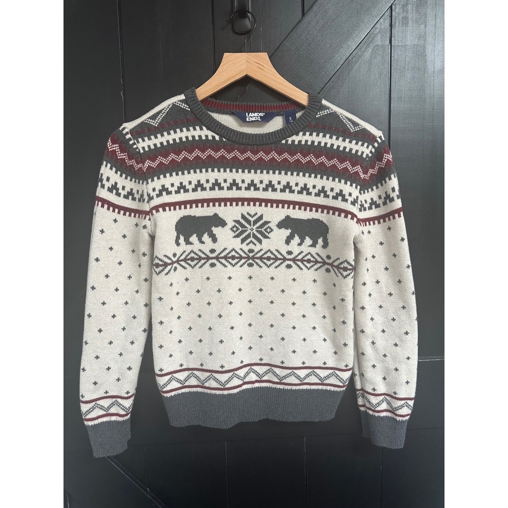 Lands End Boys Fair Isle Bear Cotton Crewneck Sweater Ivory Grey Size S 7-8